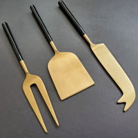 Black and Gold Cheese Knife Set - Cheese Fork, Knife and Shovel - Gold Cheese Knives Blades  - Charcuterie Board Tools - Gift Boxed