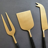 Black and Gold Cheese Knife Set - Cheese Fork, Knife and Shovel - Gold Cheese Knives Blades  - Charcuterie Board Tools - Gift Boxed