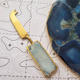 Blue Agate Stone Charcuterie Board - Blue Agate Gold Edged Cheese Board - Agate Cheese Knife - Gold Cheese Knife - Personalized Gift