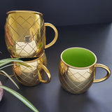 Gold Mug - Gold & Green Contrast Metal Mug - Cold Drinks with Enameled Coating - Geometric Pattern silhouette and an enamel interior