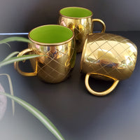 Gold Mug - Gold & Green Contrast Metal Mug - Cold Drinks with Enameled Coating - Geometric Pattern silhouette and an enamel interior