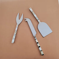 Unique Personalized Cheese Knife Set - Mother of Pearl Inlay handles - Shiny Silver Blades -  Charcuterie Board Essentials - Gift Boxed