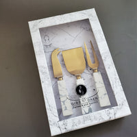 Marble Handle Cheese Knife Set - Cheese Fork, Knife and Shovel - Gold Cheese Knives Blades  - Charcuterie Board Tools - Gift Boxed