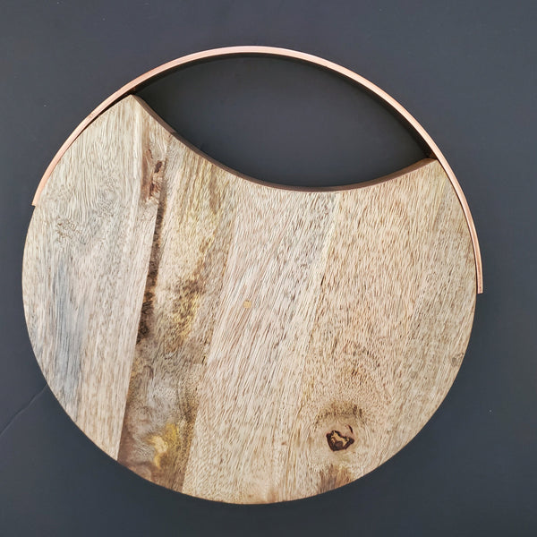 Wood Charcuterie Board - Rose Gold handle Cheese Board - Cheese Platter with Hammered Finish Handles - Circular Cheese Board with handle