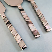 Luxurious Personalized Cheese Knife Set - Mother of Pearl Inlay handles - Shiny Silver Blades -  Charcuterie Board Essentials - Gift Boxed