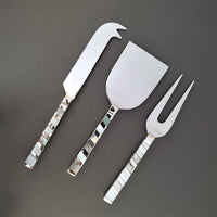 Luxurious Personalized Cheese Knife Set - Mother of Pearl Inlay handles - Shiny Silver Blades -  Charcuterie Board Essentials - Gift Boxed