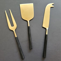 Black and Gold Cheese Knife Set - Cheese Fork, Knife and Shovel - Gold Cheese Knives Blades  - Charcuterie Board Tools - Gift Boxed