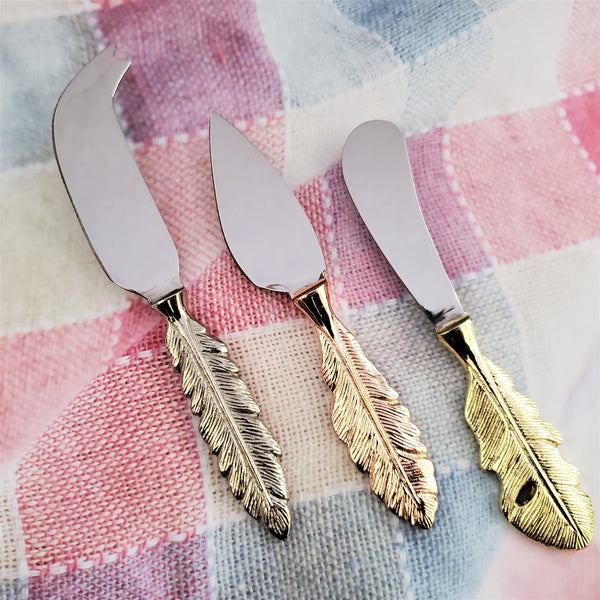 Multi-Color Cheese Knife Set - Feather pattern handles - Small