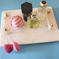 Marble Charcuterie Board - Large Serving Platter with white quartz handles - Marble Serving Tray - White Platter - Brass Fittings