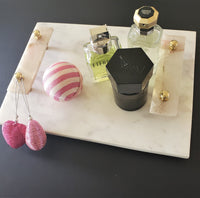 Marble Charcuterie Board - Large Serving Platter with white quartz handles - Marble Serving Tray - White Platter - Brass Fittings