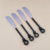 Personalized Twist Knot Handles Cheese Knives Set - Laser Engraved Handmade Spreader Knives - Rustic Black finish handles - Gift Boxed