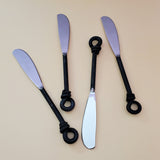 Personalized Twist Knot Handles Cheese Knives Set - Laser Engraved Handmade Spreader Knives - Rustic Black finish handles - Gift Boxed