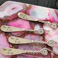 Personalized Twisted Handles Cheese Knives Set - Laser Engraved Handmade Spreader Knives - Rustic finish handles - Gift Boxed