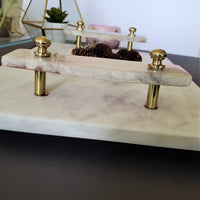 Marble Charcuterie Board - Large Serving Platter with white quartz handles - Marble Serving Tray - White Platter - Brass Fittings
