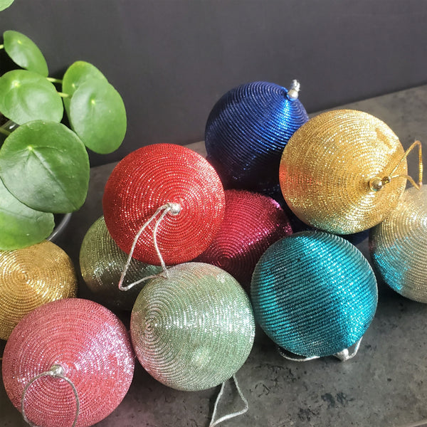 Christmas Ball Ornament with Zari work - Tree Decoration  - Gold Christmas Ornament -  Stocking Stuffer - Red Tree Ornaments - Set of 6