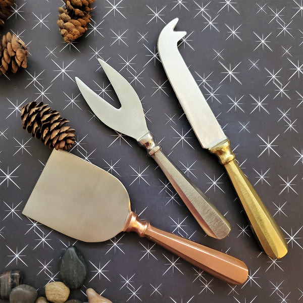 3 Piece Cheese Knife Set - Rose Gold, Silver and Gold Handles - Matte Silver Cheese Knives Blades - Artisan Handmade - Gift Boxed