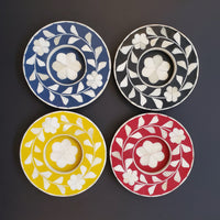 4 Wooden Tea Light Holder - Bone Inlay Tealight Holder - Multi Color Wooden Candle Holder - Wood Candle Plate - Valentine Candles