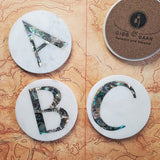 Custom Marble Coasters with Abalone Shell Inlay - Personalized Coasters - Abalone Coasters - Round Monogram Marble coaster - Initial Coaster