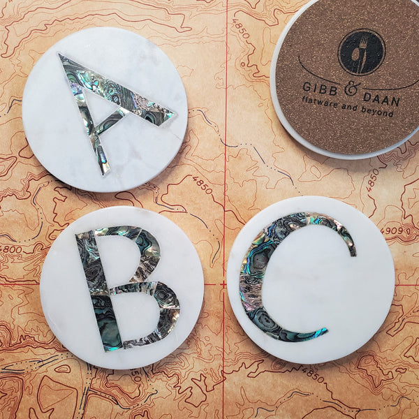 Custom Marble Coasters with Abalone Shell Inlay - Personalized Coasters -  Abalone Coasters - Round Monogram Marble coaster - Initial Coaster