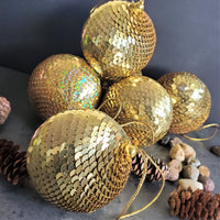 Christmas Ball Ornament with Sequence work - Tree Decoration  - Gold Christmas Ornament -  Stocking Stuffer - Red Tree Ornaments - Set of 6