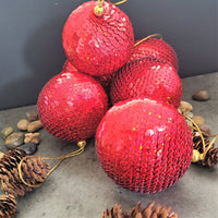 Christmas Ball Ornament with Sequence work - Tree Decoration  - Gold Christmas Ornament -  Stocking Stuffer - Red Tree Ornaments - Set of 6