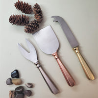 3 Piece Cheese Knife Set - Rose Gold, Silver and Gold Handles - Matte Silver Cheese Knives Blades - Artisan Handmade - Gift Boxed