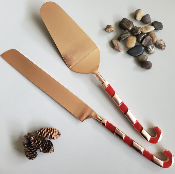Personalized Festive Cake Server and Knife - Rose Gold Wedding Cake Cutting Set - Personalized Anniversary Gift - Candy Cane Designer Set
