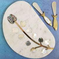 Marble Charcuterie Board - Serving Platter with Abalone shell and Mother-of-pearl inlay - Personalized Brass Cheese Knives with MOP inlay