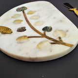 Marble Charcuterie Board - Serving Platter with Abalone shell and Mother-of-pearl inlay - Personalized Brass Cheese Knives with MOP inlay