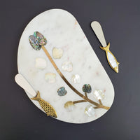 Marble Charcuterie Board - Serving Platter with Abalone shell and Mother-of-pearl inlay - Personalized Brass Cheese Knives with MOP inlay