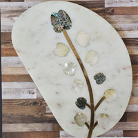 Marble Charcuterie Board - Serving Platter with Abalone shell and Mother-of-pearl inlay - Personalized Brass Cheese Knives with MOP inlay