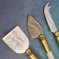 3 Piece Cheese Knife Set - White Marble & Brass Handles - Engraved Silver Blades - Artisan Handmade Cheese Knives - Gift Boxed