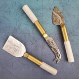 3 Piece Cheese Knife Set - White Marble & Brass Handles - Engraved Silver Blades - Artisan Handmade Cheese Knives - Gift Boxed
