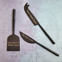 Personalized Cheese Knife Set - Gold, Copper and Matte Black - Hammered Handles -   Charcuterie Board Essentials - Gift Boxed