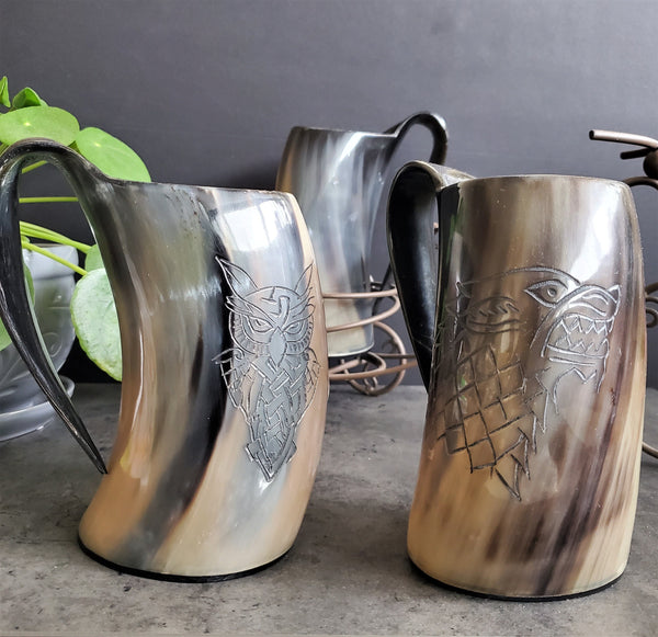 Viking Drinking Horn - Hand Carved custom Horn Mugs with handles - Large Viking Tankard - Custom Buffalo Horn mug for cold drinks - 20-32 oz