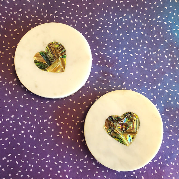 Marble Coaster Set with Abalone Shell work - Marble Coasters Valentine Gift - Heart Coaster Set - Abalone Coasters - Wedding Favors Coasters