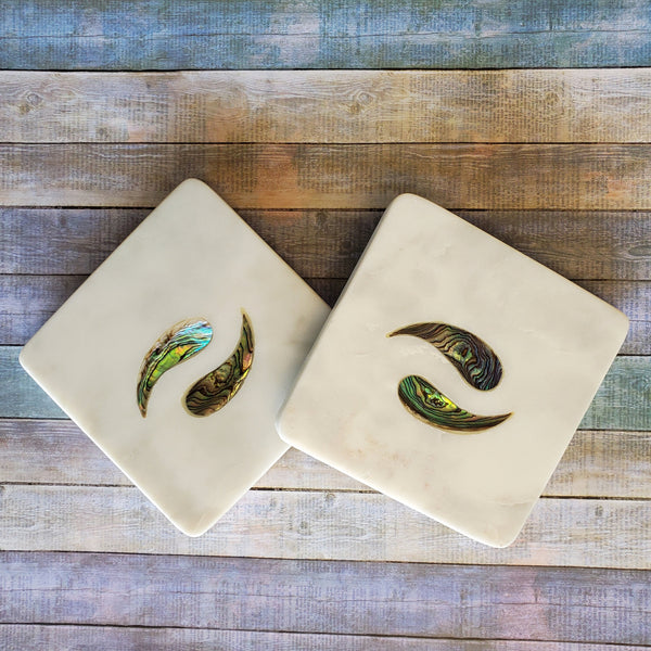 Marble Coaster Set with Abalone Shell work - Marble Coasters Valentine Gift - Yin Yan Coaster Set - Abalone Wedding Favors Coasters