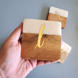 Personalized Marble Coaster Set - Square Wood Coasters - Marble & Wood Coasters Valentine Gift - Custom Wedding Favors