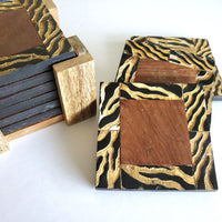 6 Wooden Coaster Set with Stand - Hand Engraved design - Housewarming Gift - Zebra/Stripe Pattern Coaster Set - Wedding Favors Coasters
