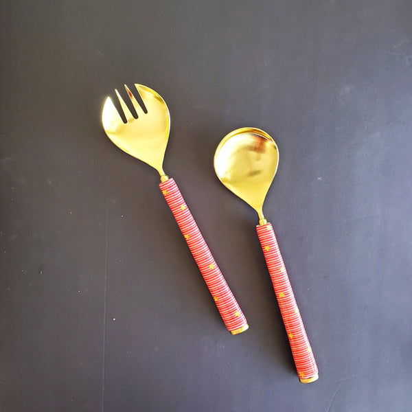 Gold and Pink Salad Server Set - Spoon and Fork - Brass handles - Hand Applied Decal - Gift Box Ready