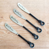 Personalized Twist Knot Handles Cheese Knives Set - Laser Engraved Handmade Spreader Knives - Rustic Black finish handles - Gift Boxed