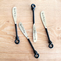 Personalized Twist Knot Handles Cheese Knives Set - Laser Engraved Handmade Spreader Knives - Rustic Black finish handles - Gift Boxed