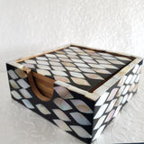 6 Wooden Coasters Set with Holder - Mother of Pearl Inlay Coasters - Multi Color Wooden Coaster Set - Square Wood Coasters with Stand