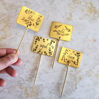 Gold Cheese Markers - Set of 4 Cheese Signs - Metal Cheese Picks - Engraved Charcuterie Labels - Charcuterie Board Marker