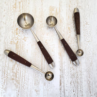 Wood and Steel Measuring Spoons Set - Matte Silver Finish with wooden inlay handles - 1 Table spoon to 1/4 Tea Spoon - Handmade Gift Boxed