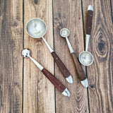 Wood and Steel Measuring Spoons Set - Matte Silver Finish with wooden inlay handles - 1 Table spoon to 1/4 Tea Spoon - Handmade Gift Boxed
