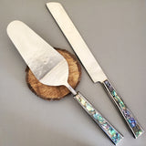 Personalized Wedding Cake Knife, Server and Fork Set -  Mother of Pearl Wedding Cake Knife set-Abalone Shell Wedding Cake Shovel & Cake Fork