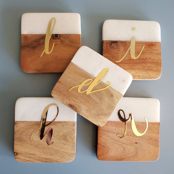 Personalized Marble Coaster Set - Square Wood Coasters - Marble & Wood Coasters Valentine Gift - Custom Wedding Favors