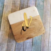 Personalized Marble Coaster Set - Square Wood Coasters - Marble & Wood Coasters Valentine Gift - Custom Wedding Favors