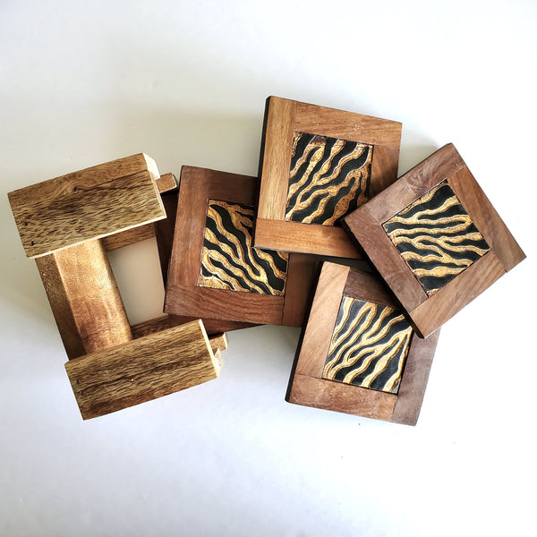 6 Wooden Coaster Set with Stand - Hand Engraved design - Housewarming Gift - Zebra/Stripe Pattern Coaster Set - Wedding Favors Coasters